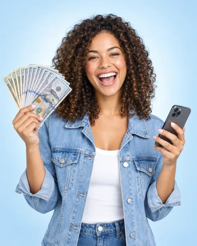 Excited person holding a fan of cash in one hand and a phone in the other